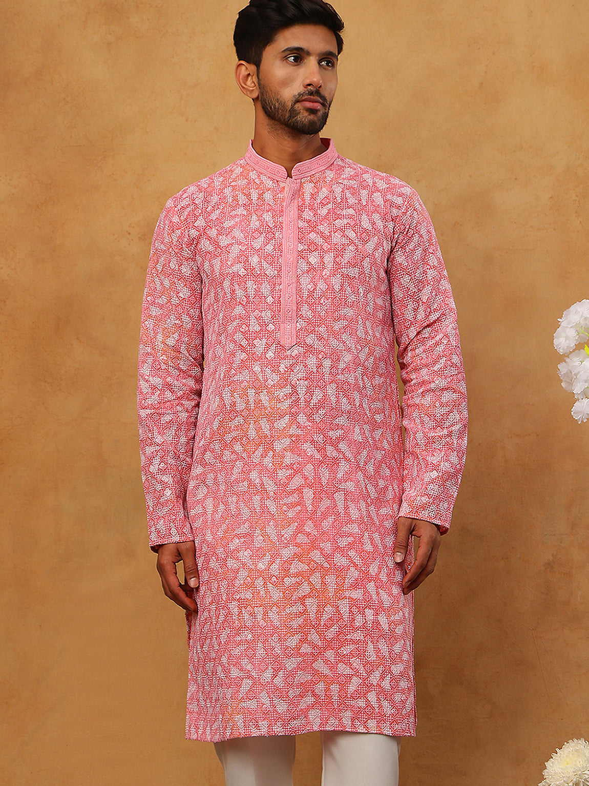 DesiQlo Men Geometric Kurta Only - Pink