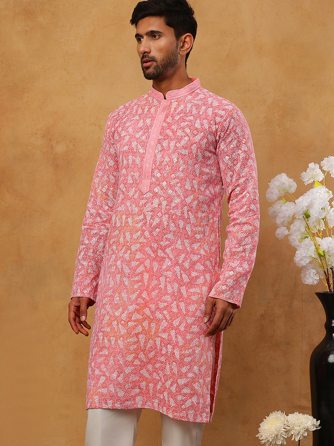 DesiQlo Men Geometric Kurta Only - Pink
