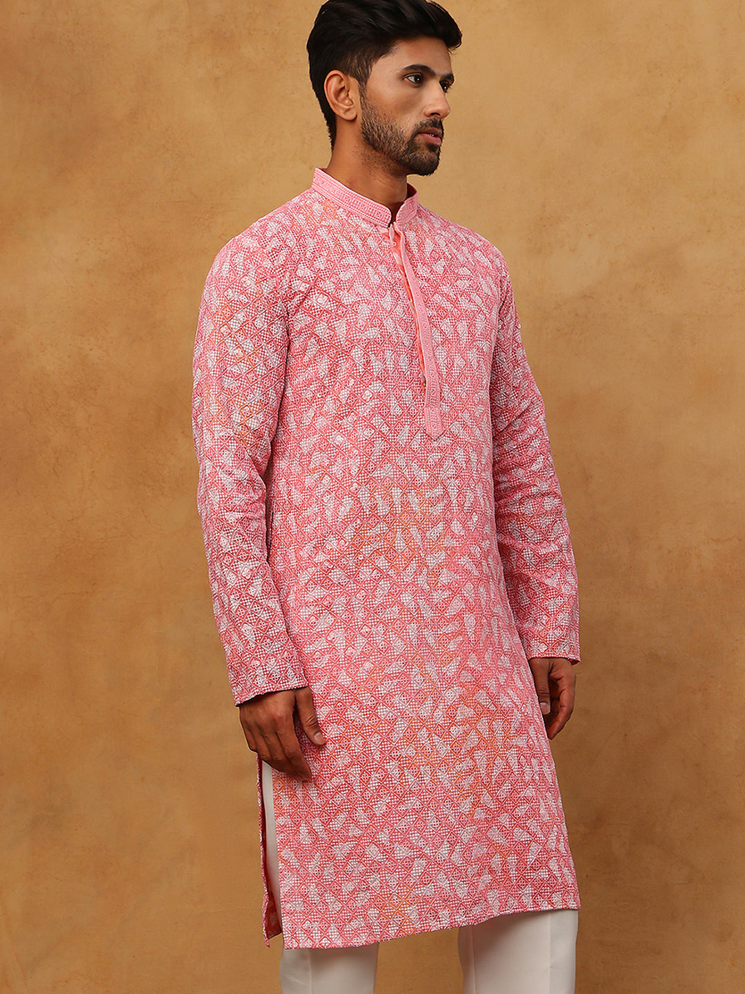 DesiQlo Men Geometric Kurta Only - Pink