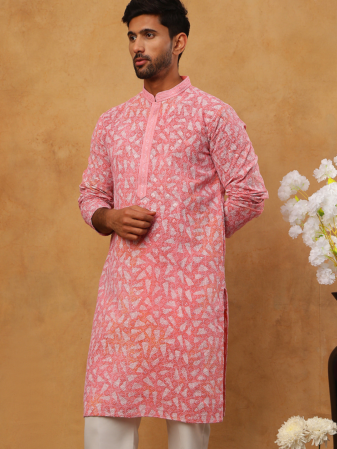 DesiQlo Men Geometric Kurta Only - Pink