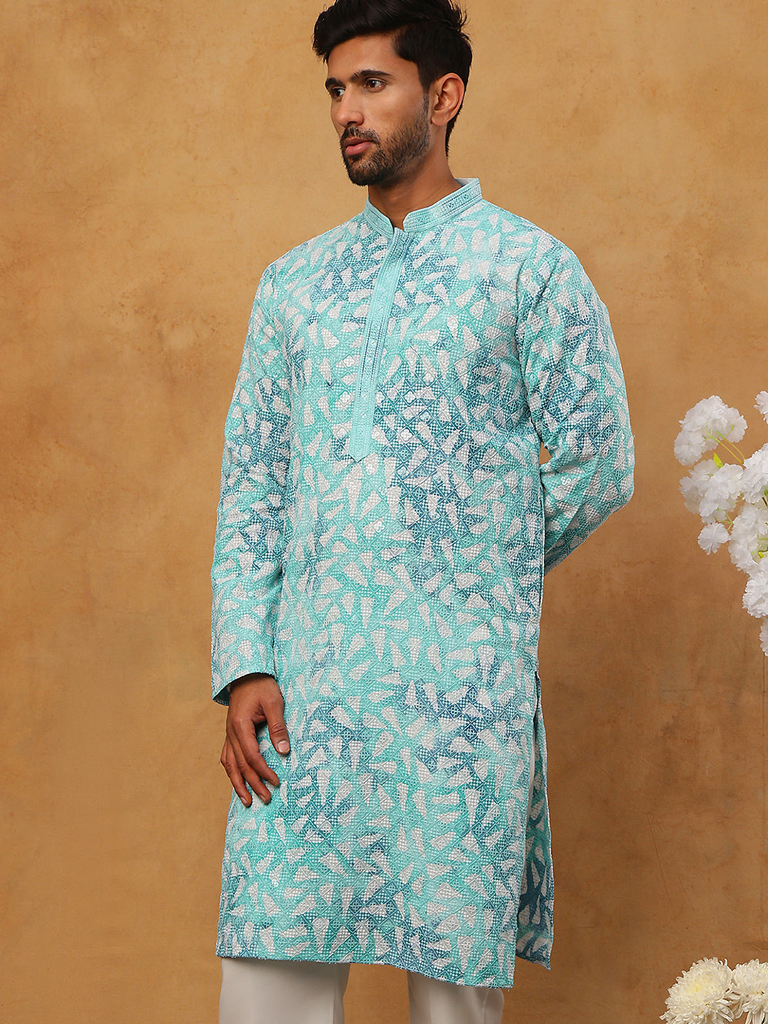 DesiQlo Men Geometric Kurta Only - Blue - 65KO_5406Sky_S