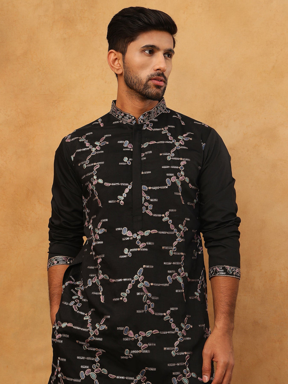 Embroidered Silk Blend Kurta (65KO 5407 Black ) [FF] [D-1]