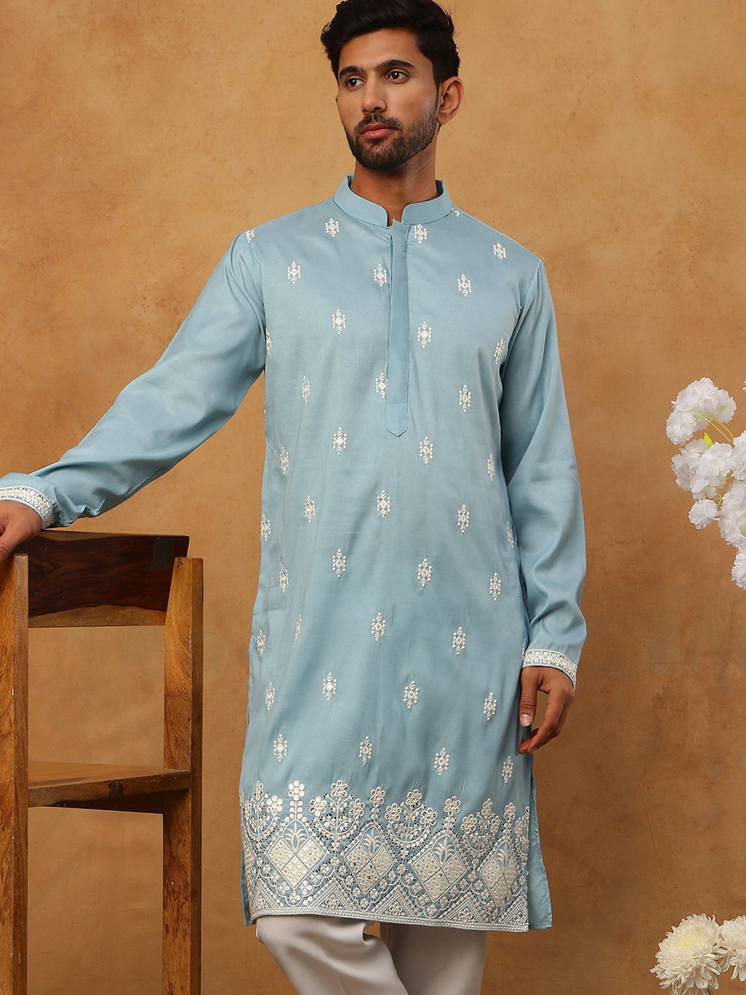 DesiQlo Men Floral Kurta Only - Blue - 65KO_5411Blue_S