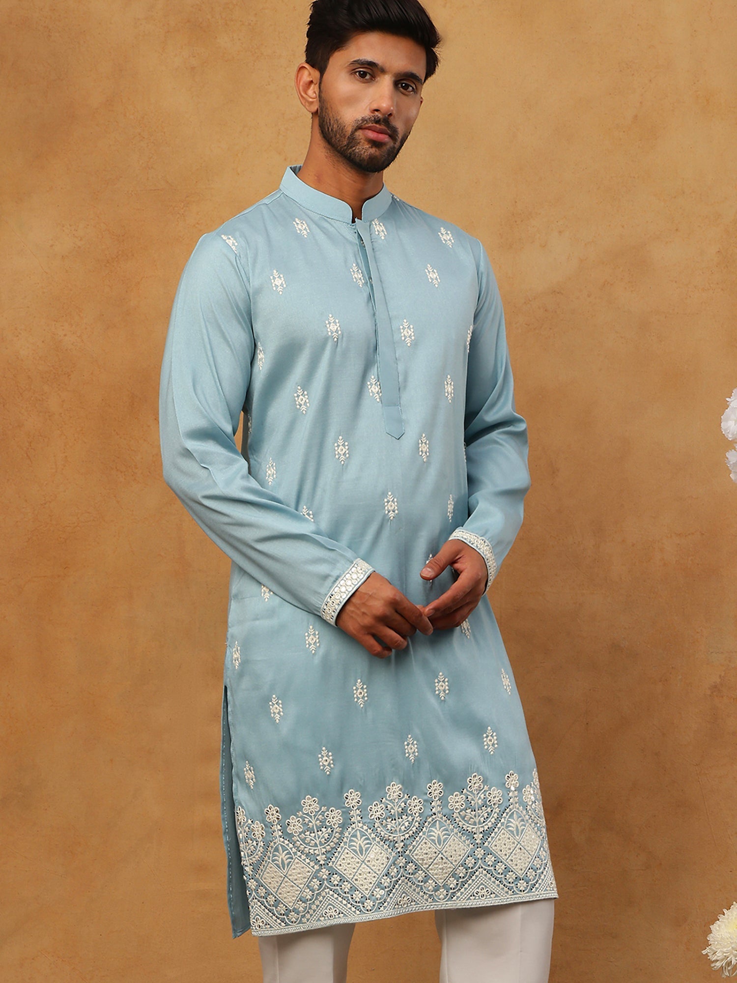 DesiQlo Men Floral Kurta Only - Blue - 65KO_5411Blue_S