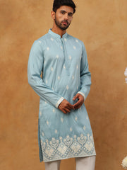 Traditional Silk Blend Embroidered Kurta (65KO 5411 Blue ) [FF] [F-2-3]
