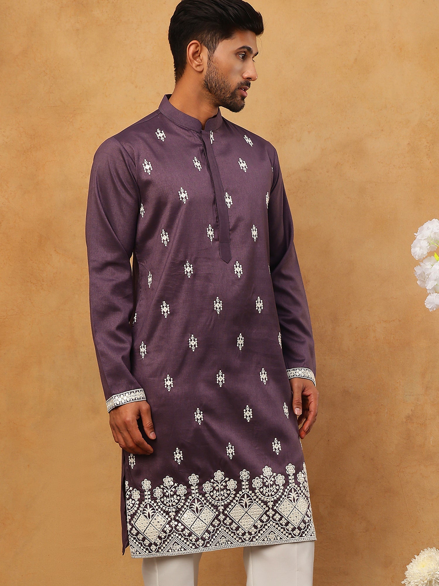 DesiQlo Men Floral Kurta Only - Purple - 65KO_5411Purple_S