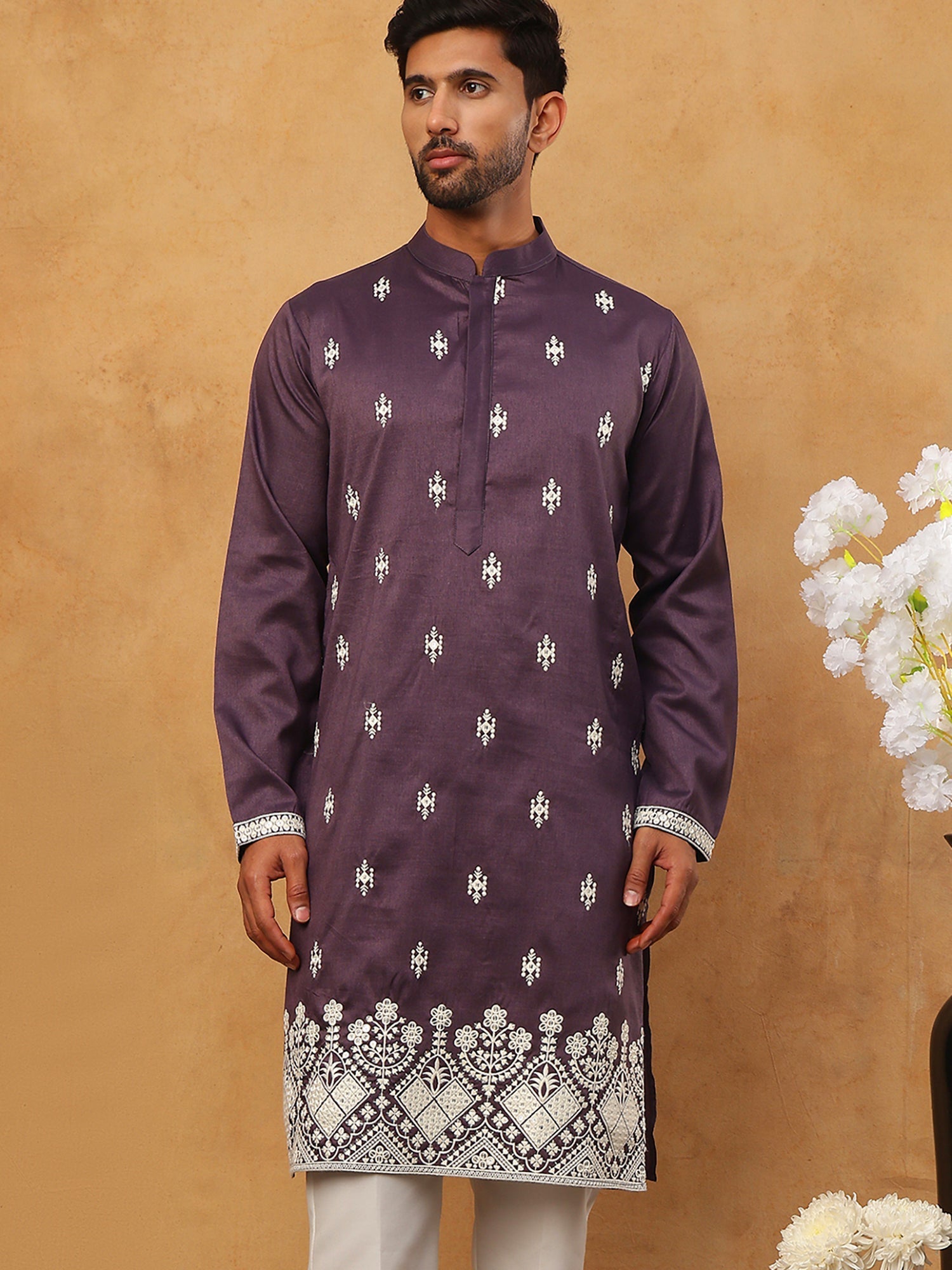 DesiQlo Men Floral Kurta Only - Purple - 65KO_5411Purple_S