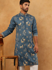 Men Silk Blend Kurta with Embroidery (65KO 5412 Teal ) [FF] [F-3]