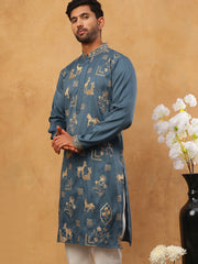 Men Silk Blend Kurta with Embroidery (65KO 5412 Teal ) [FF] [F-3]