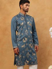 Men Silk Blend Kurta with Embroidery (65KO 5412 Teal ) [FF] [F-3]