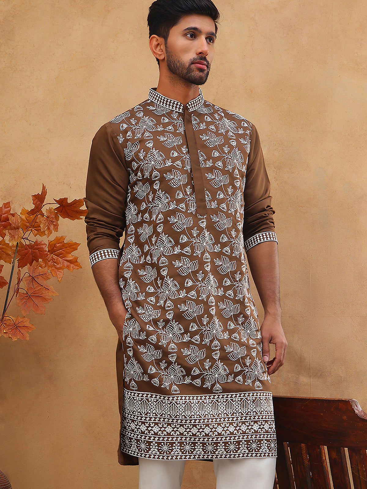 DesiQlo Men Floral Kurta Only - Brown - 65KO_5413Brown_S
