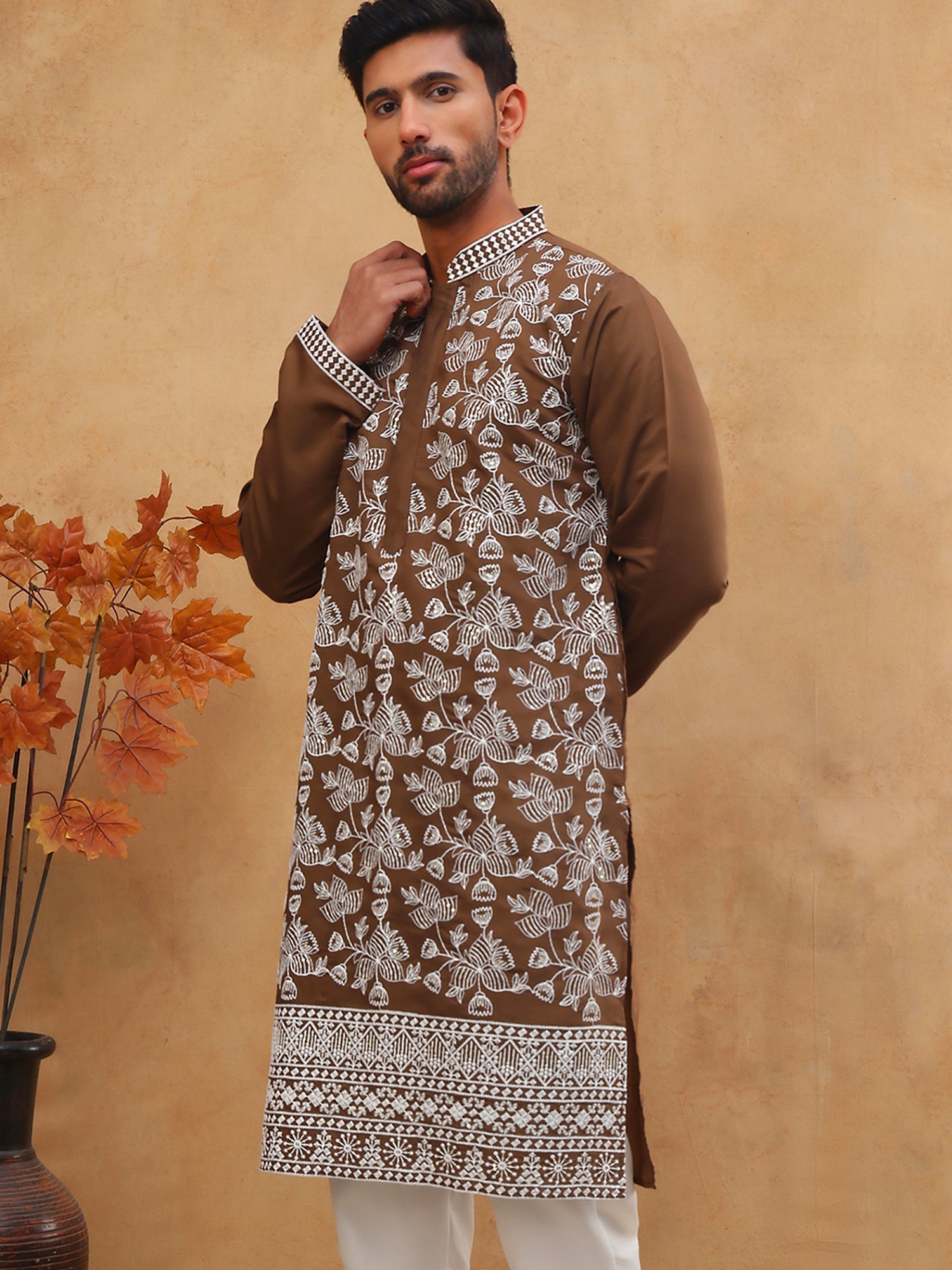 DesiQlo Men Floral Kurta Only - Brown - 65KO_5413Brown_S