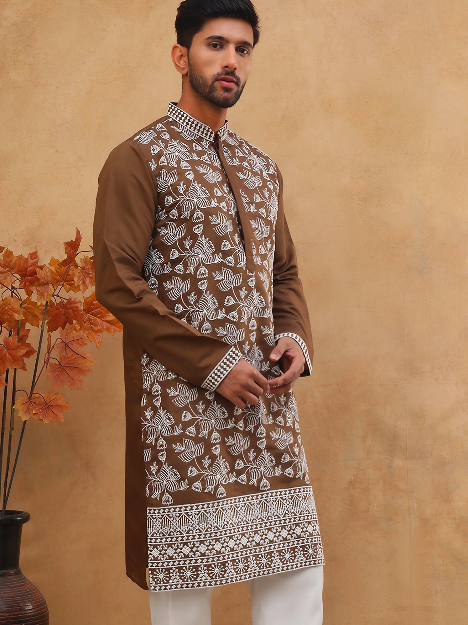 DesiQlo Men Floral Kurta Only - Brown - 65KO_5413Brown_S