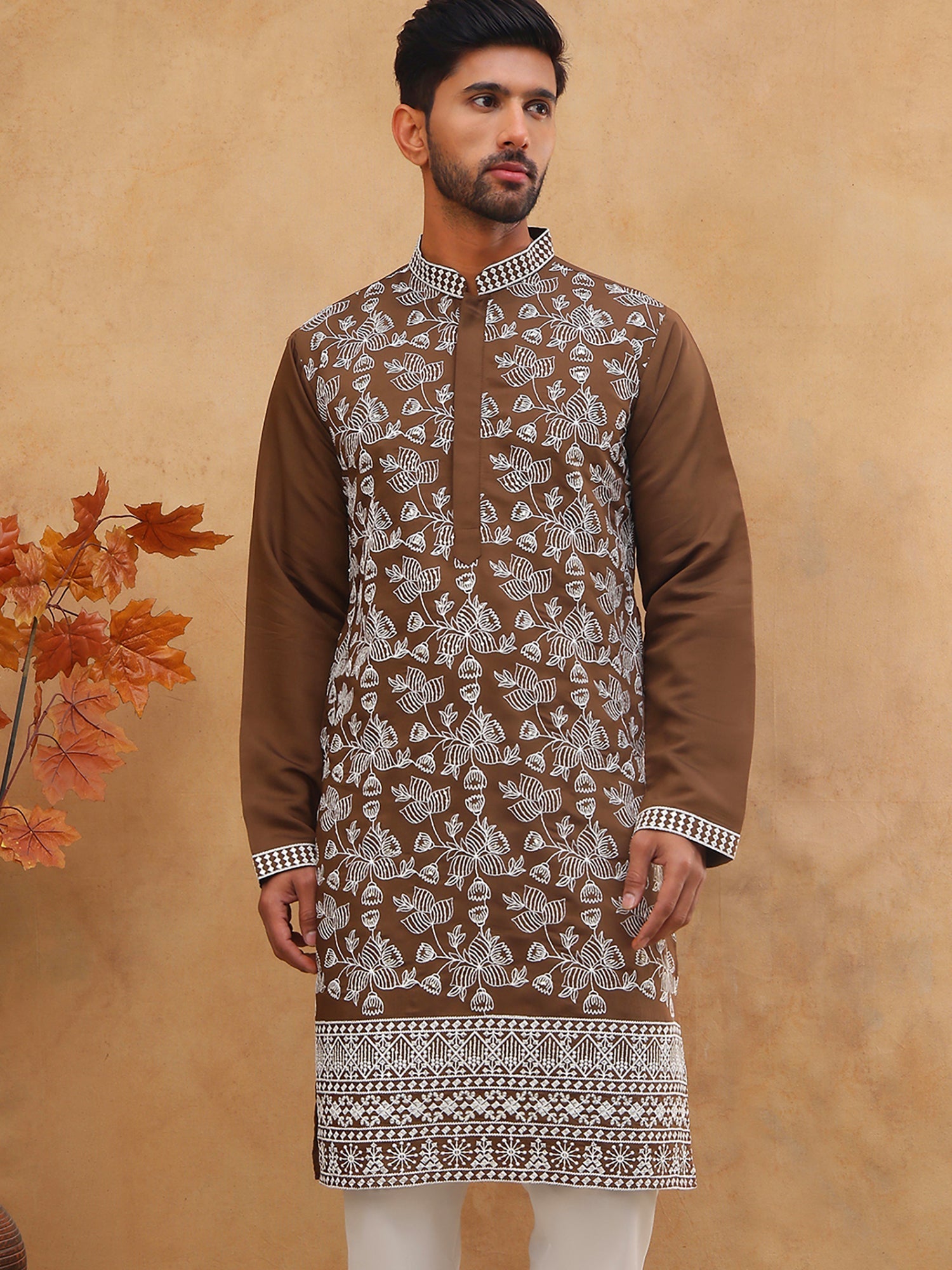 DesiQlo Men Floral Kurta Only - Brown - 65KO_5413Brown_S