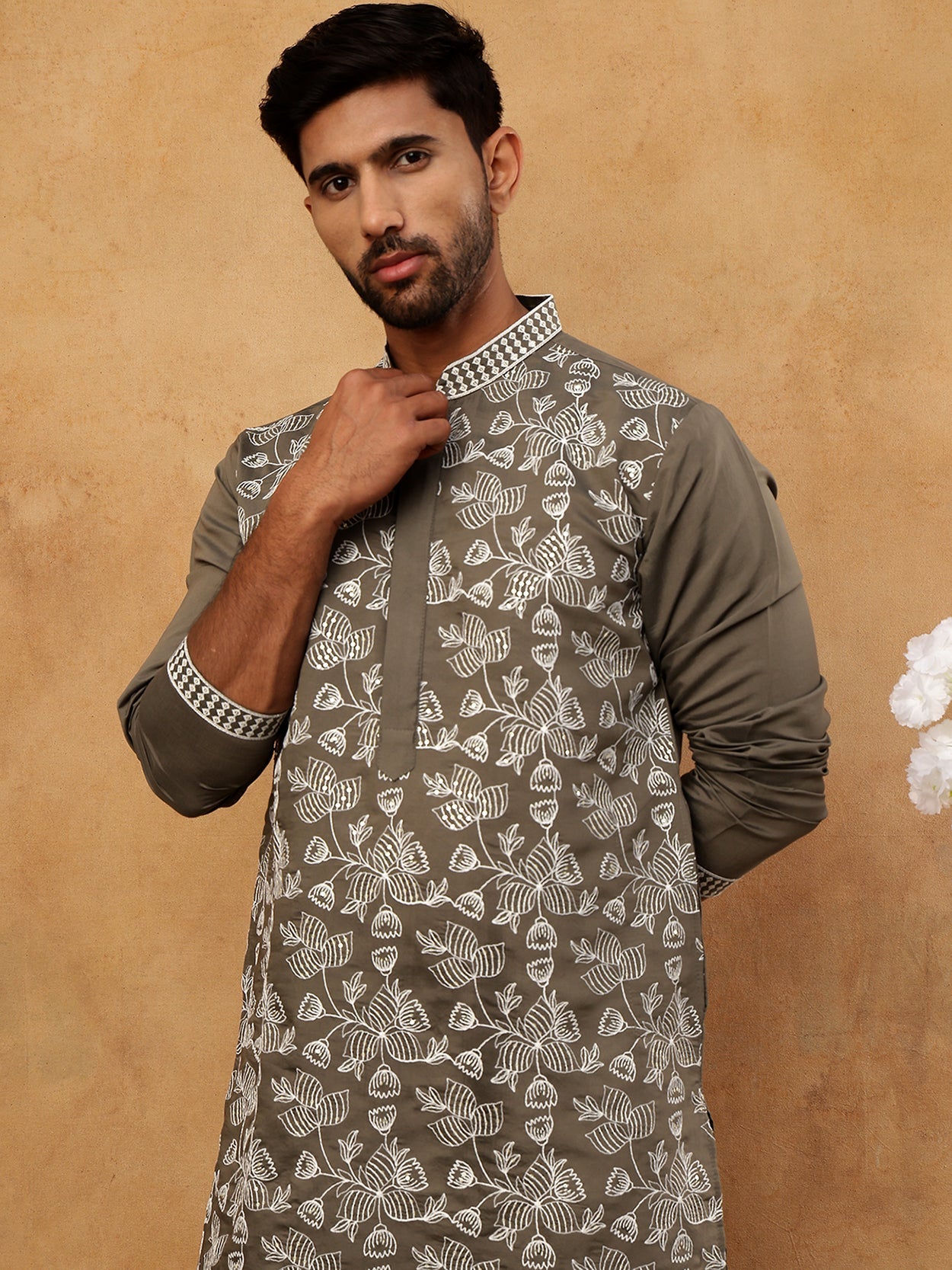 DesiQlo Men Floral Kurta Only - Grey - 65KO_5413Grey_S