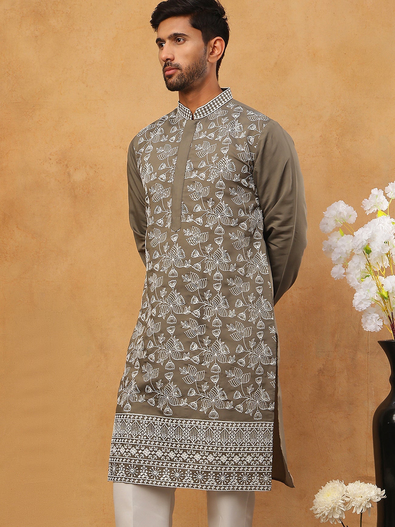 DesiQlo Men Floral Kurta Only - Grey - 65KO_5413Grey_S