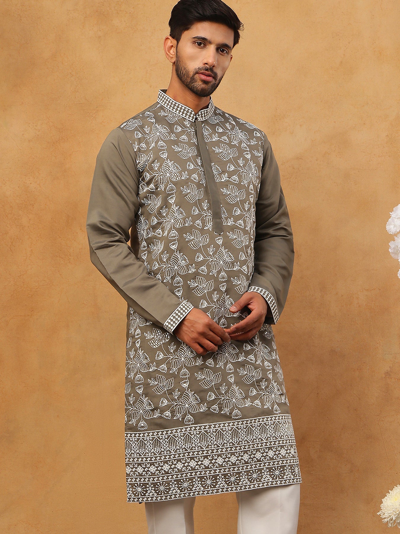 DesiQlo Men Floral Kurta Only - Grey - 65KO_5413Grey_S