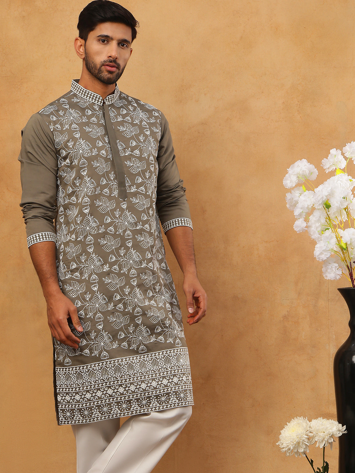 DesiQlo Men Floral Kurta Only - Grey - 65KO_5413Grey_S