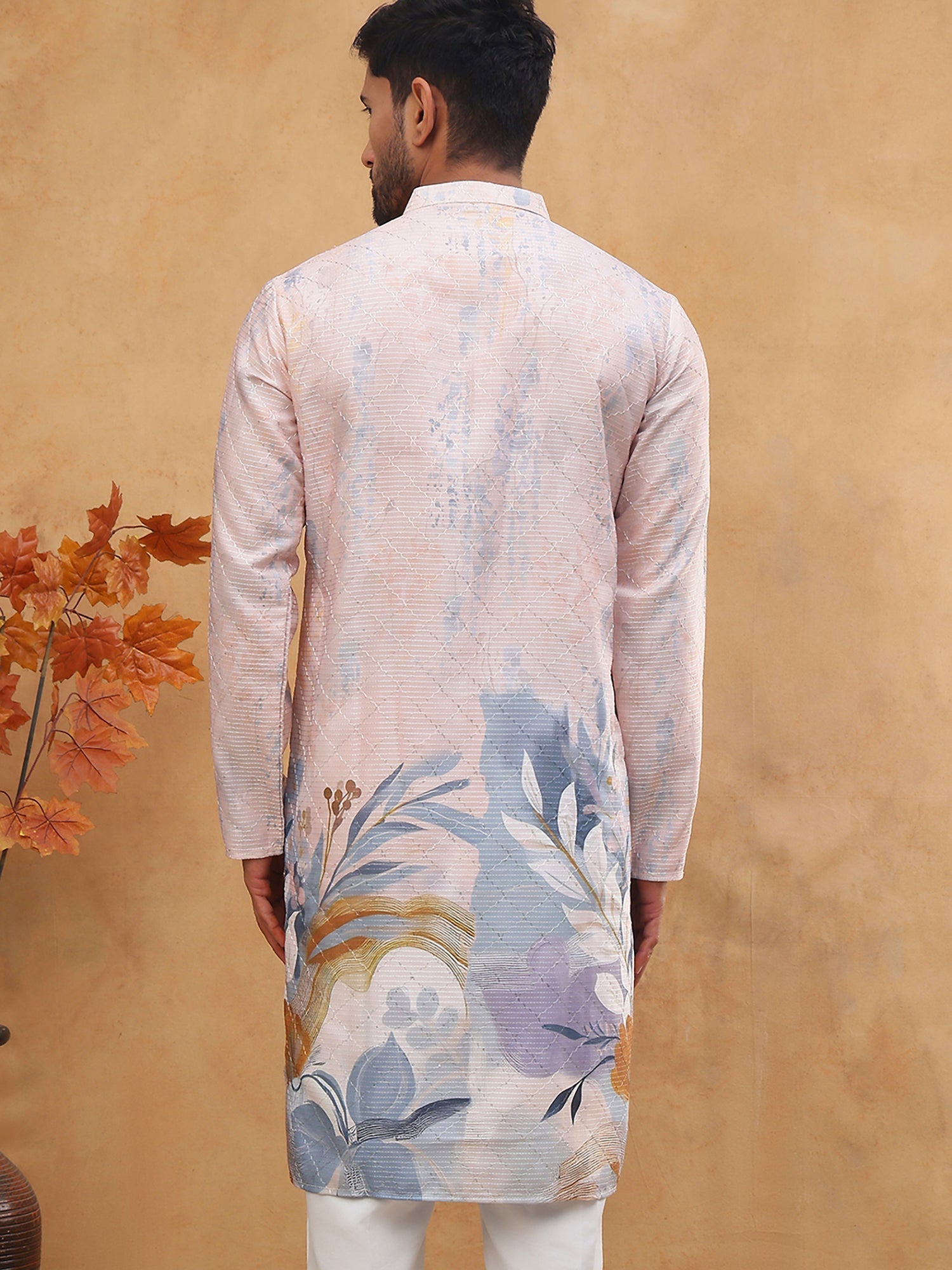 DesiQlo Men Floral Kurta Only - Orange - 65KO_5414Peach_S