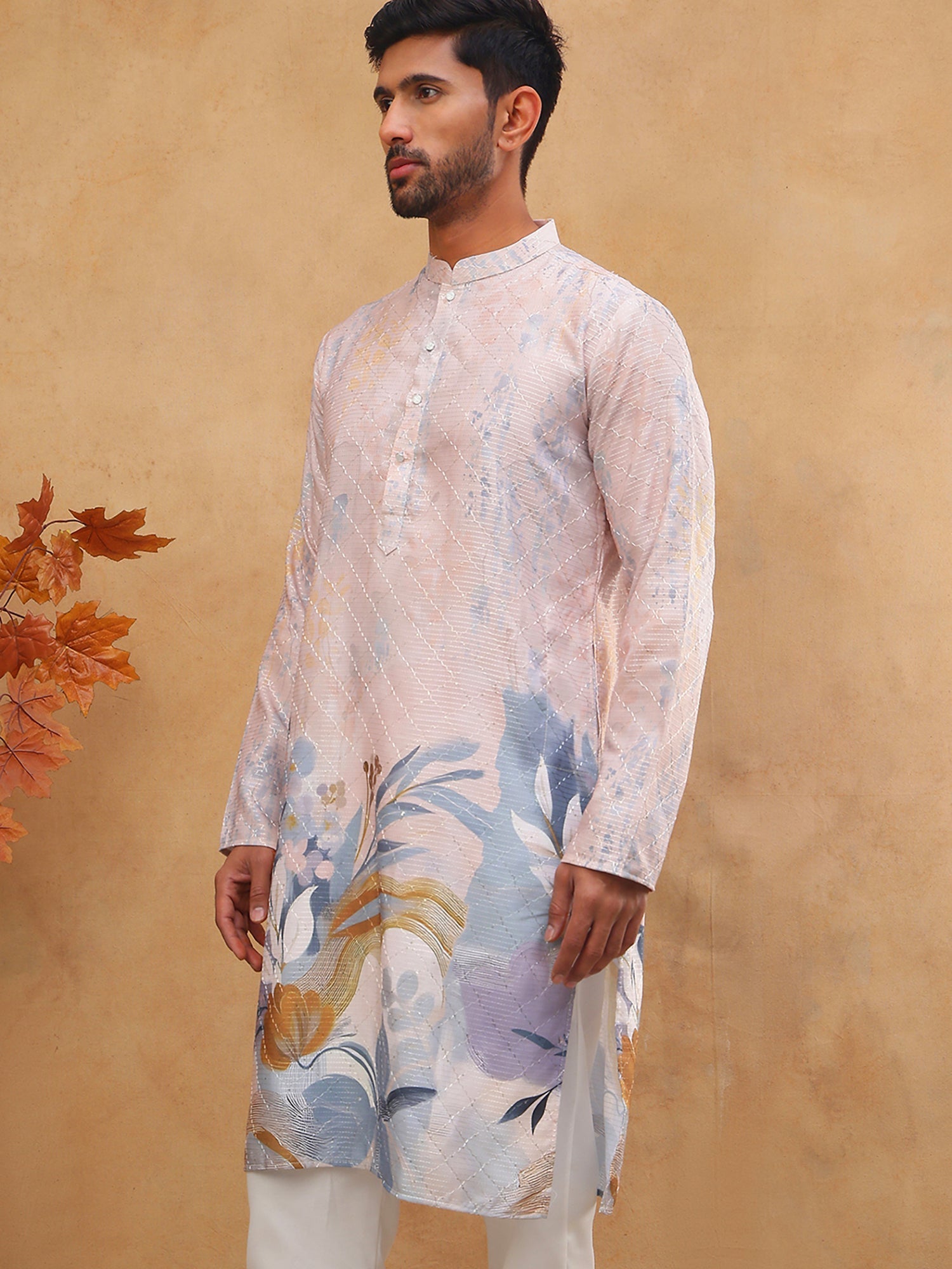 DesiQlo Men Floral Kurta Only - Orange - 65KO_5414Peach_S