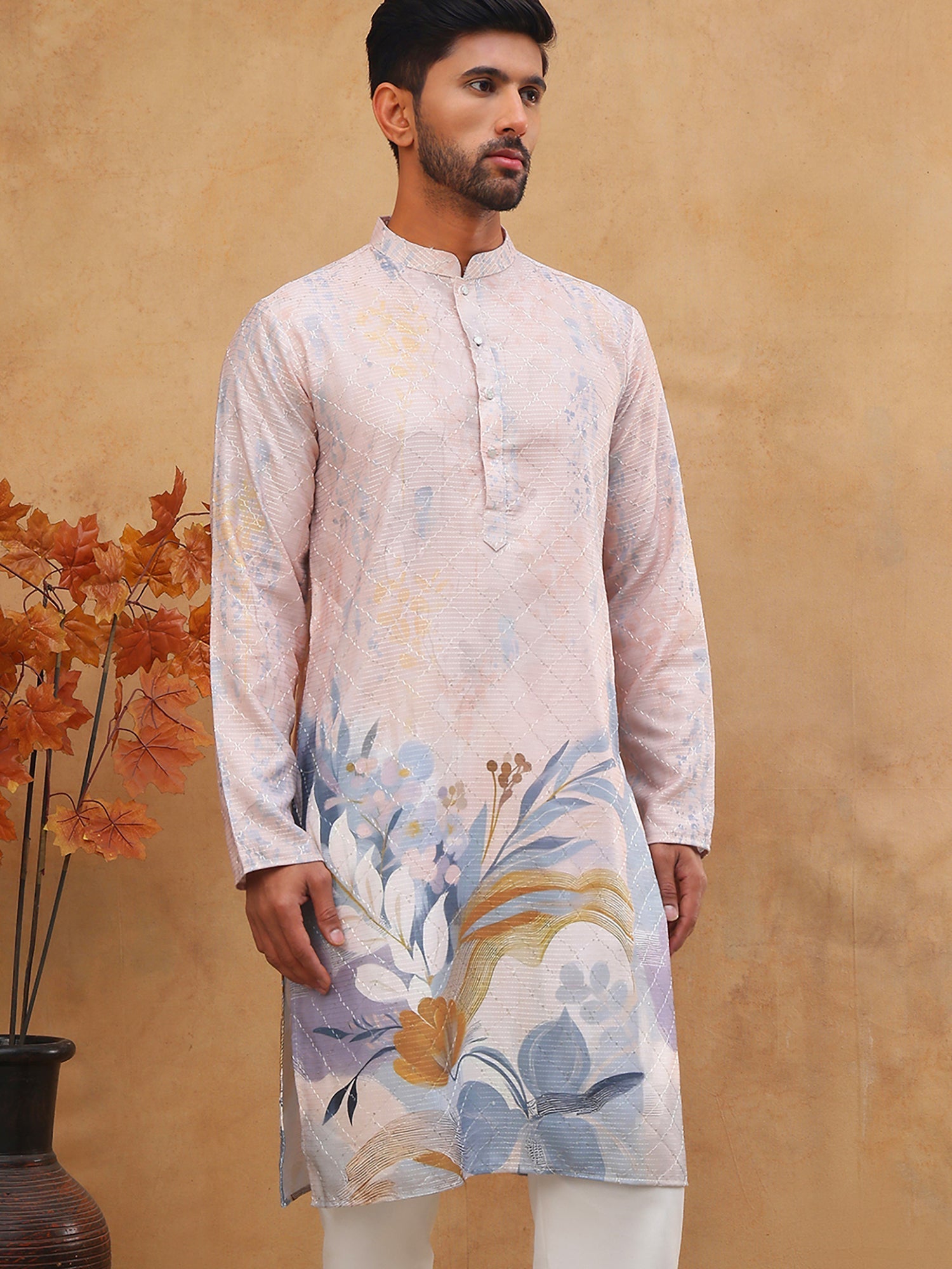 DesiQlo Men Floral Kurta Only - Orange - 65KO_5414Peach_S