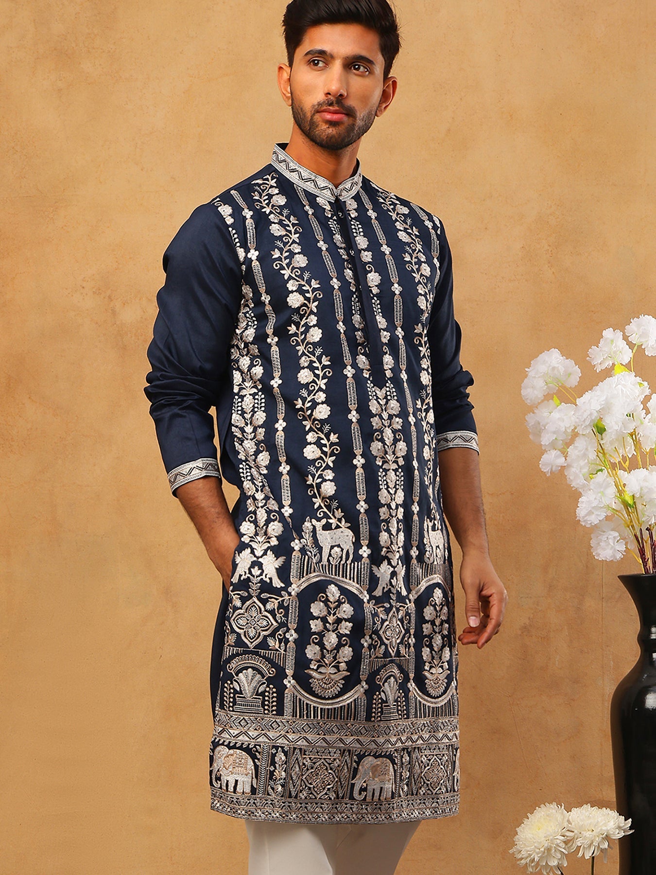 DesiQlo Men Floral Kurta Only - Blue - 65KO_5415Navy_S