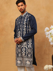 Men Silk Blend Embroidered Kurta (65KO 5415 Navy ) [FF] [B-1-2]