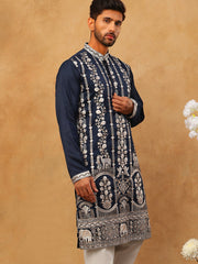Men Silk Blend Embroidered Kurta (65KO 5415 Navy ) [FF] [B-1-2]