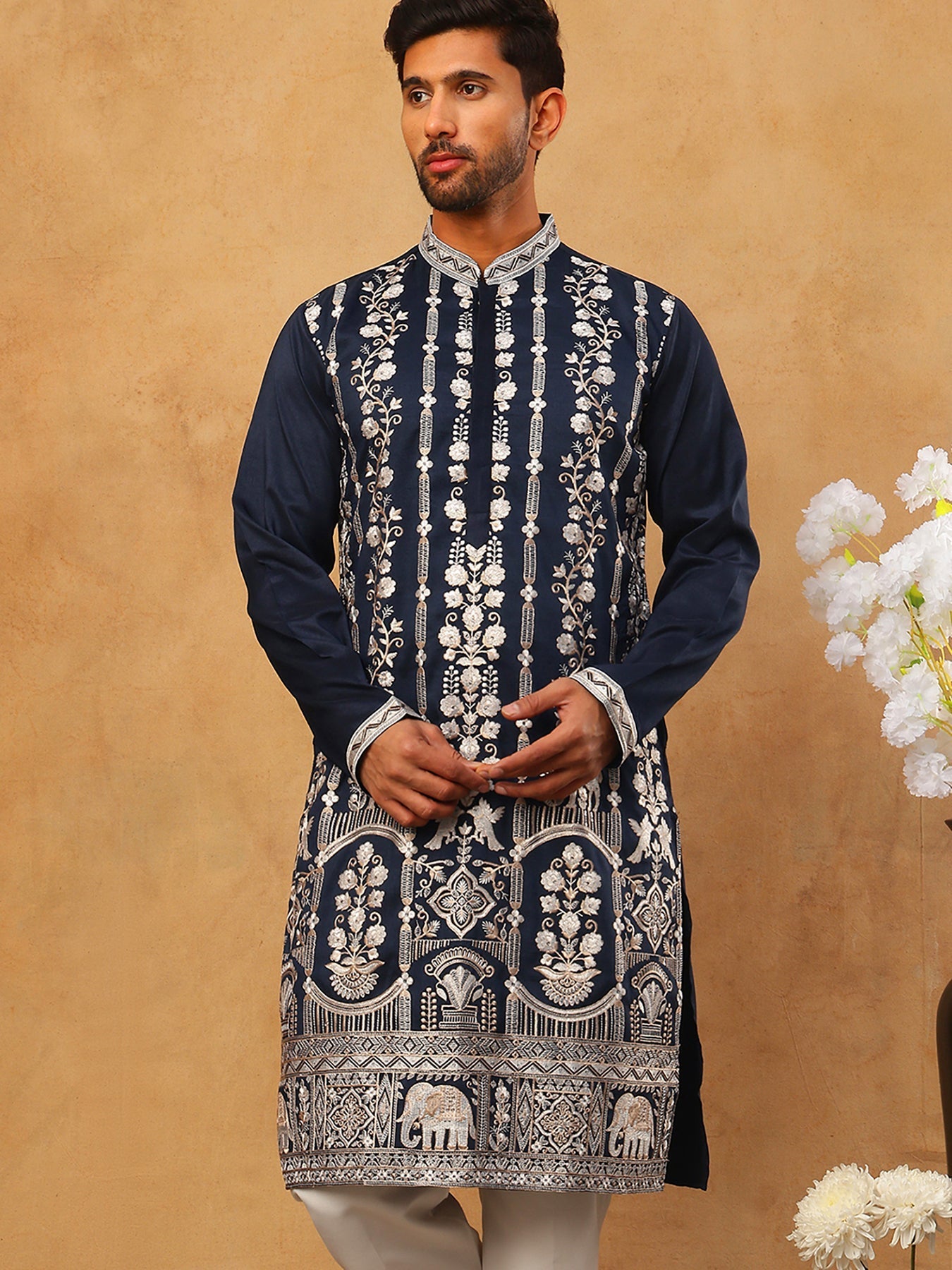 DesiQlo Men Floral Kurta Only - Blue - 65KO_5415Navy_S