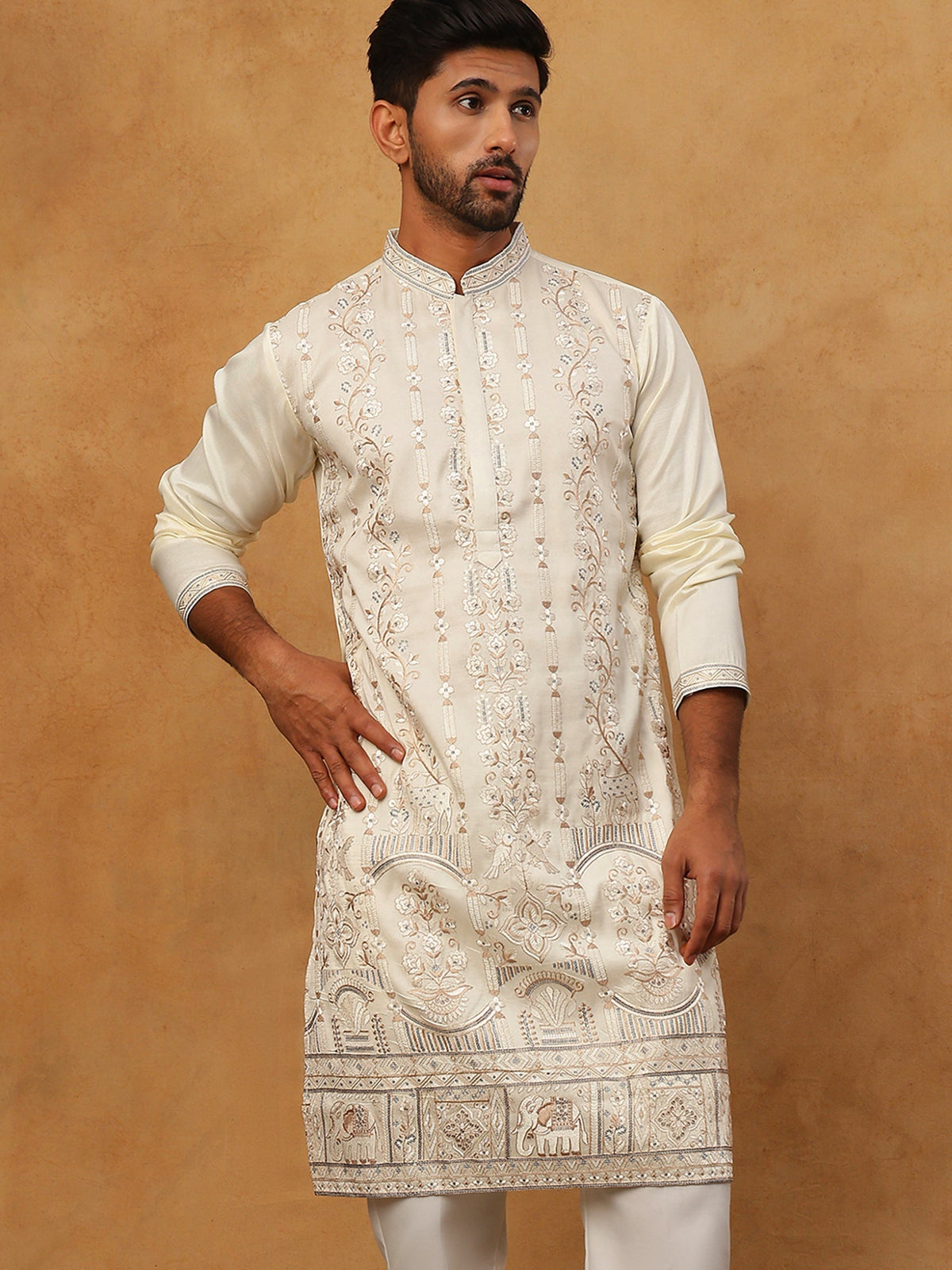 Men Silk Blend Embroidered Kurta (65KO 5415 White ) [FF] [B-1-2]