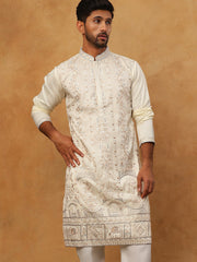 Men Silk Blend Embroidered Kurta (65KO 5415 White ) [FF] [B-1-2]