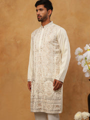 Men Silk Blend Embroidered Kurta (65KO 5415 White ) [FF] [B-1-2]