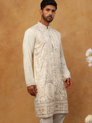 Men Silk Blend Embroidered Kurta (65KO 5415 White ) [FF] [B-1-2]
