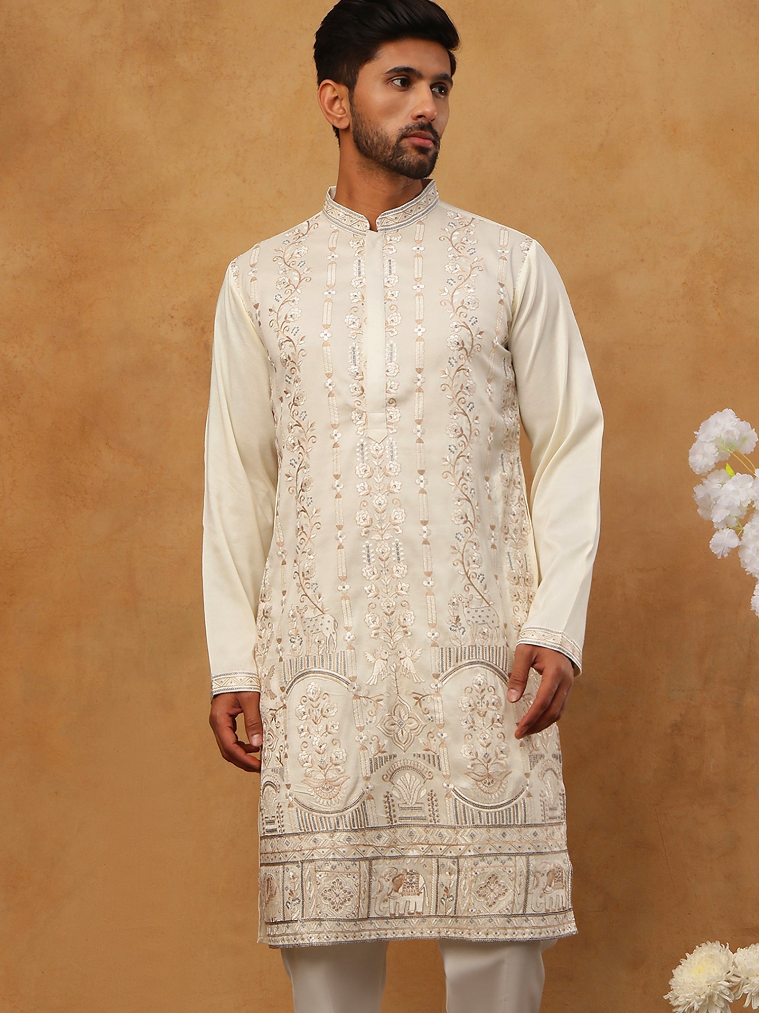 DesiQlo Men Floral Kurta Only - White - 65KO_5415White_S