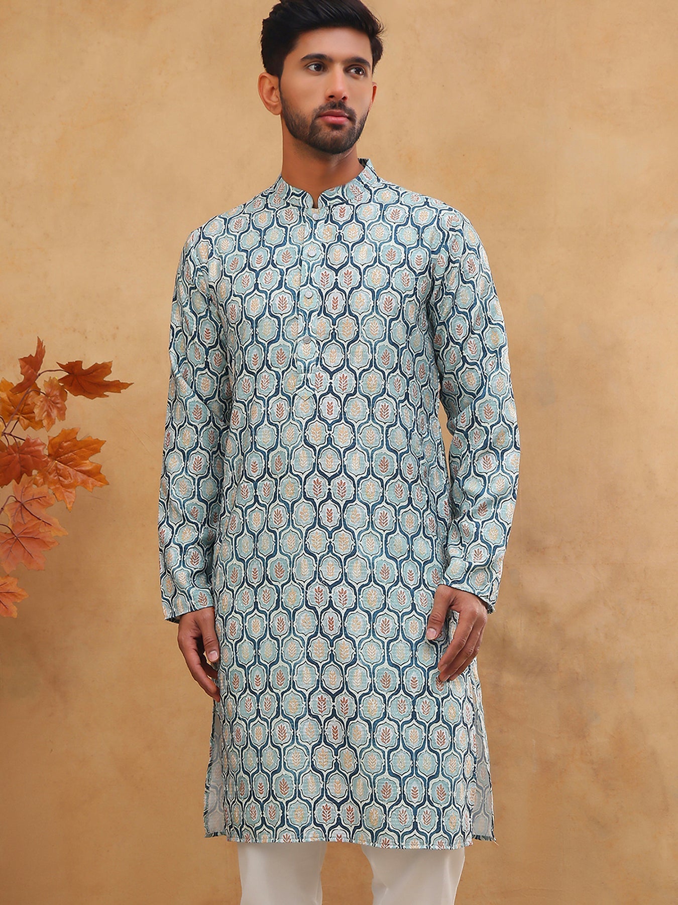 DesiQlo Men Floral Kurta Only - Blue - 65KO_5416Blue_S