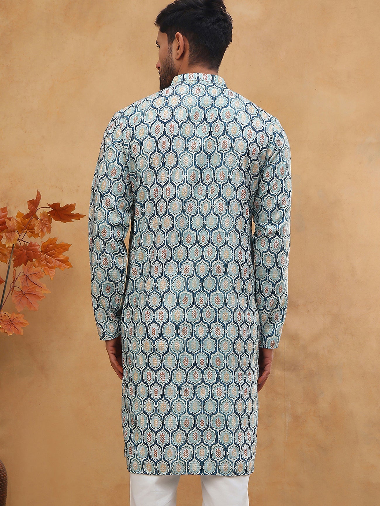 DesiQlo Men Floral Kurta Only - Blue - 65KO_5416Blue_S