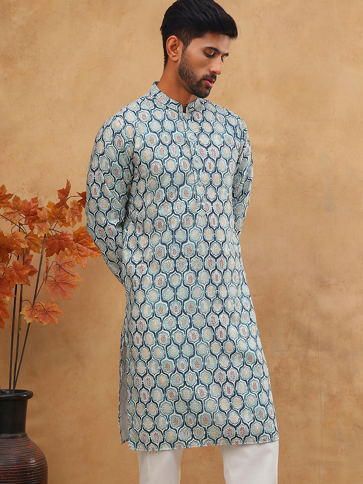 DesiQlo Men Floral Kurta Only - Blue - 65KO_5416Blue_S