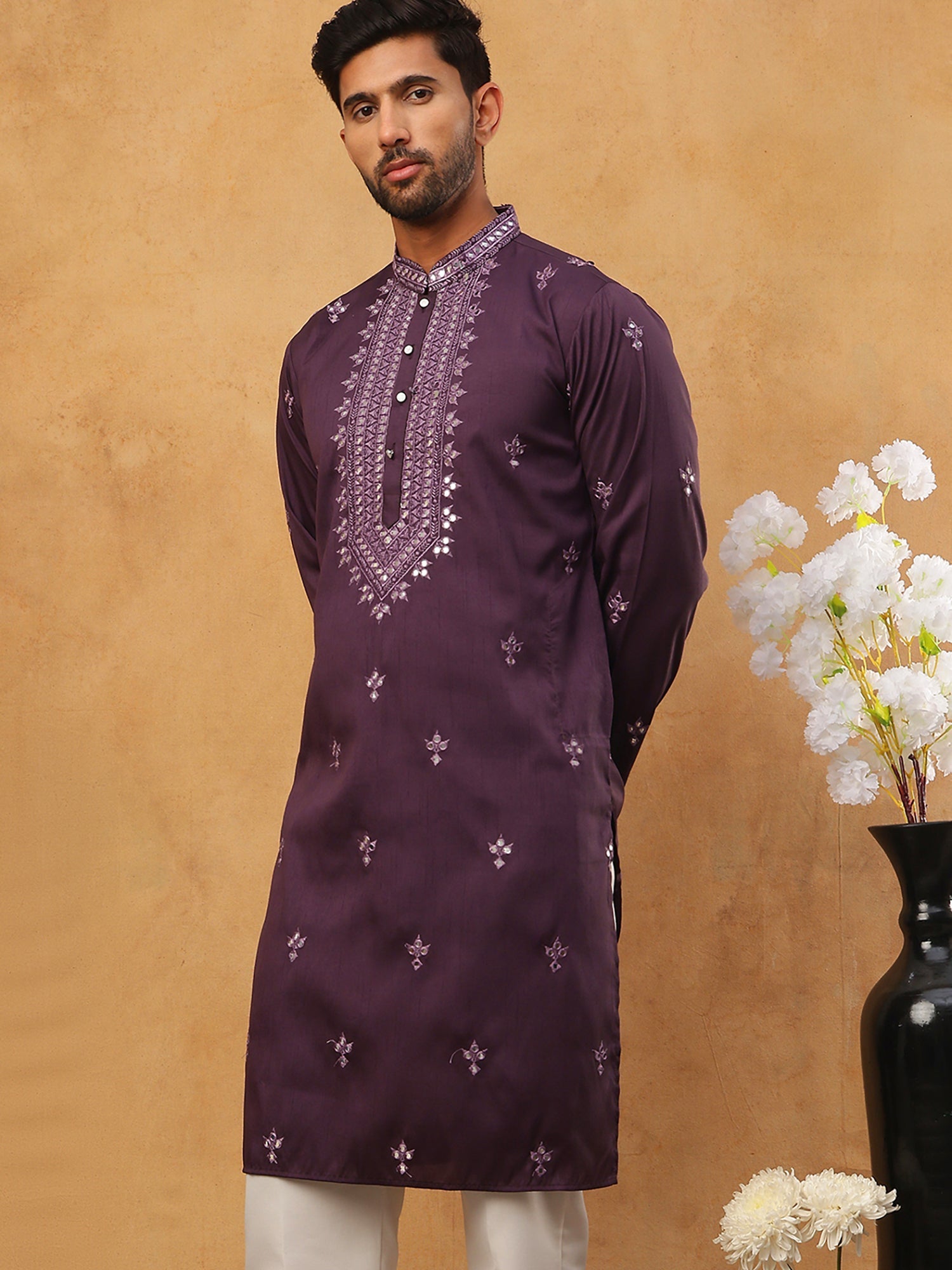 DesiQlo Men Floral Kurta Only - Purple - 65KO_5417Purple_S