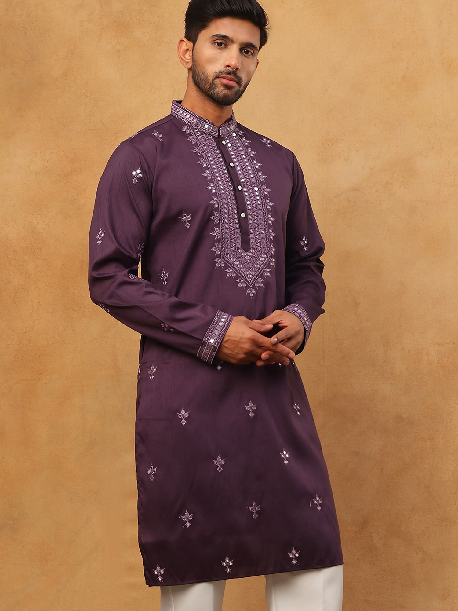DesiQlo Men Floral Kurta Only - Purple - 65KO_5417Purple_S