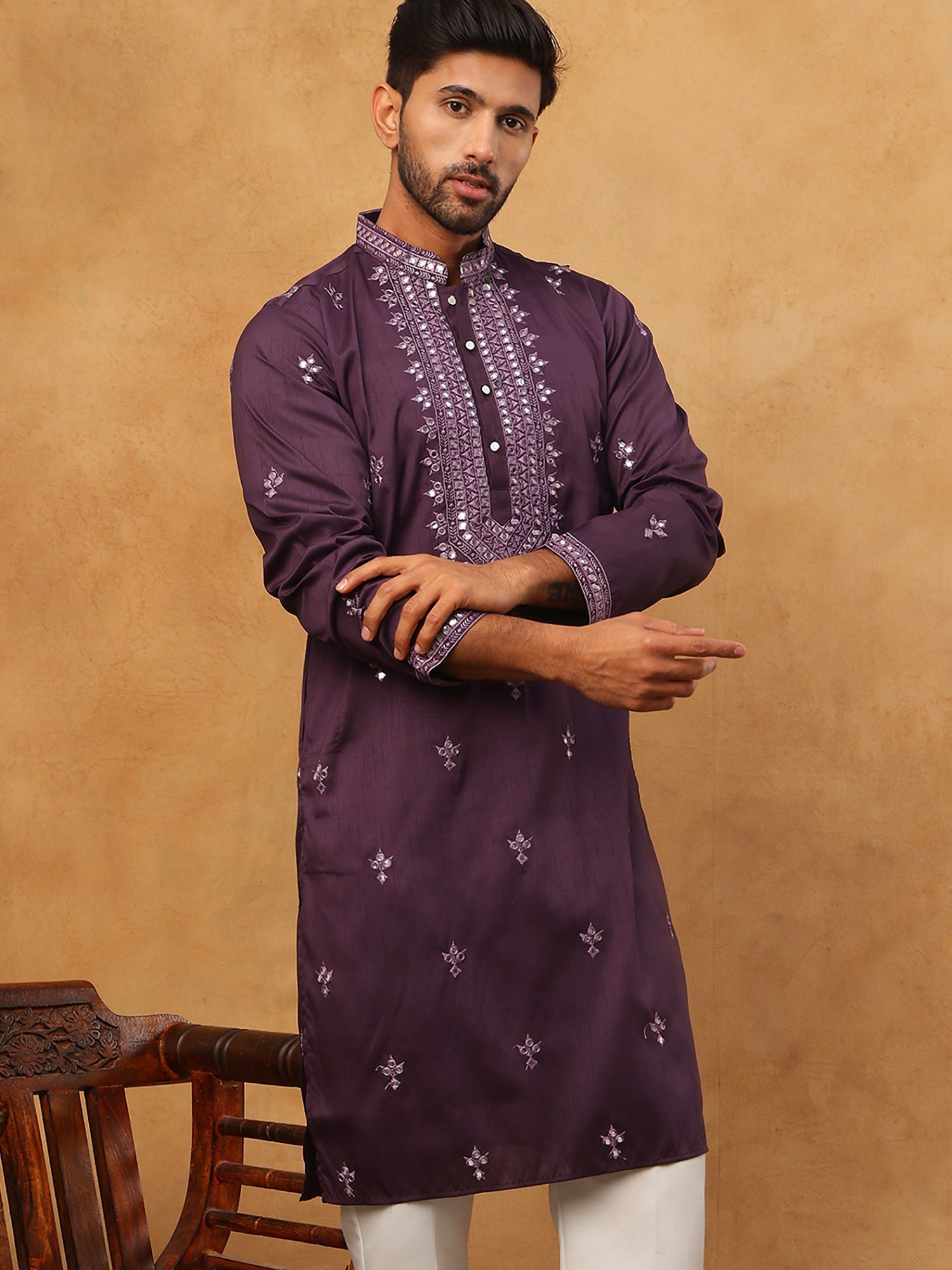 DesiQlo Men Floral Kurta Only - Purple - 65KO_5417Purple_S