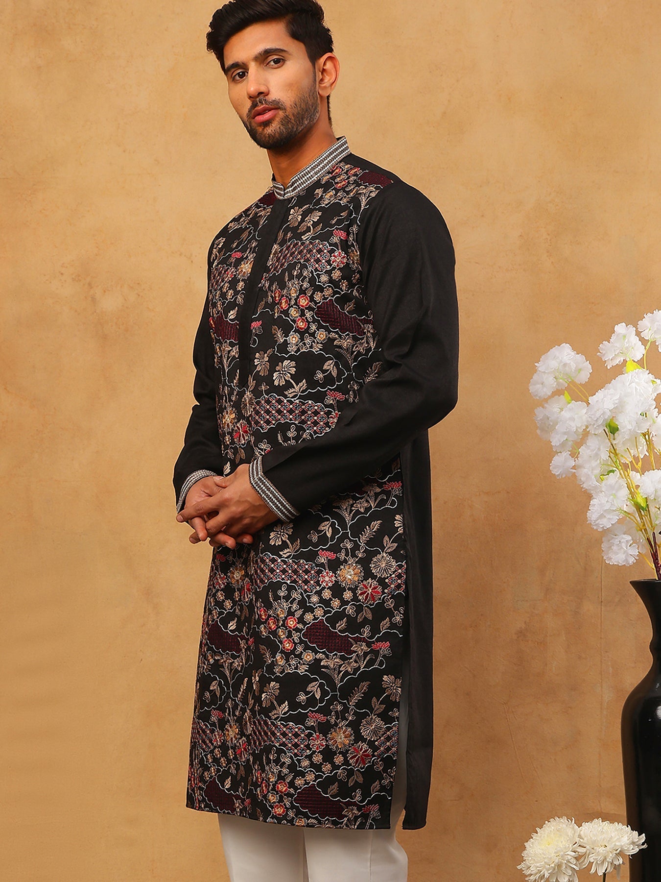 DesiQlo Men Floral Kurta Only - Black - 65KO_5418Black_S