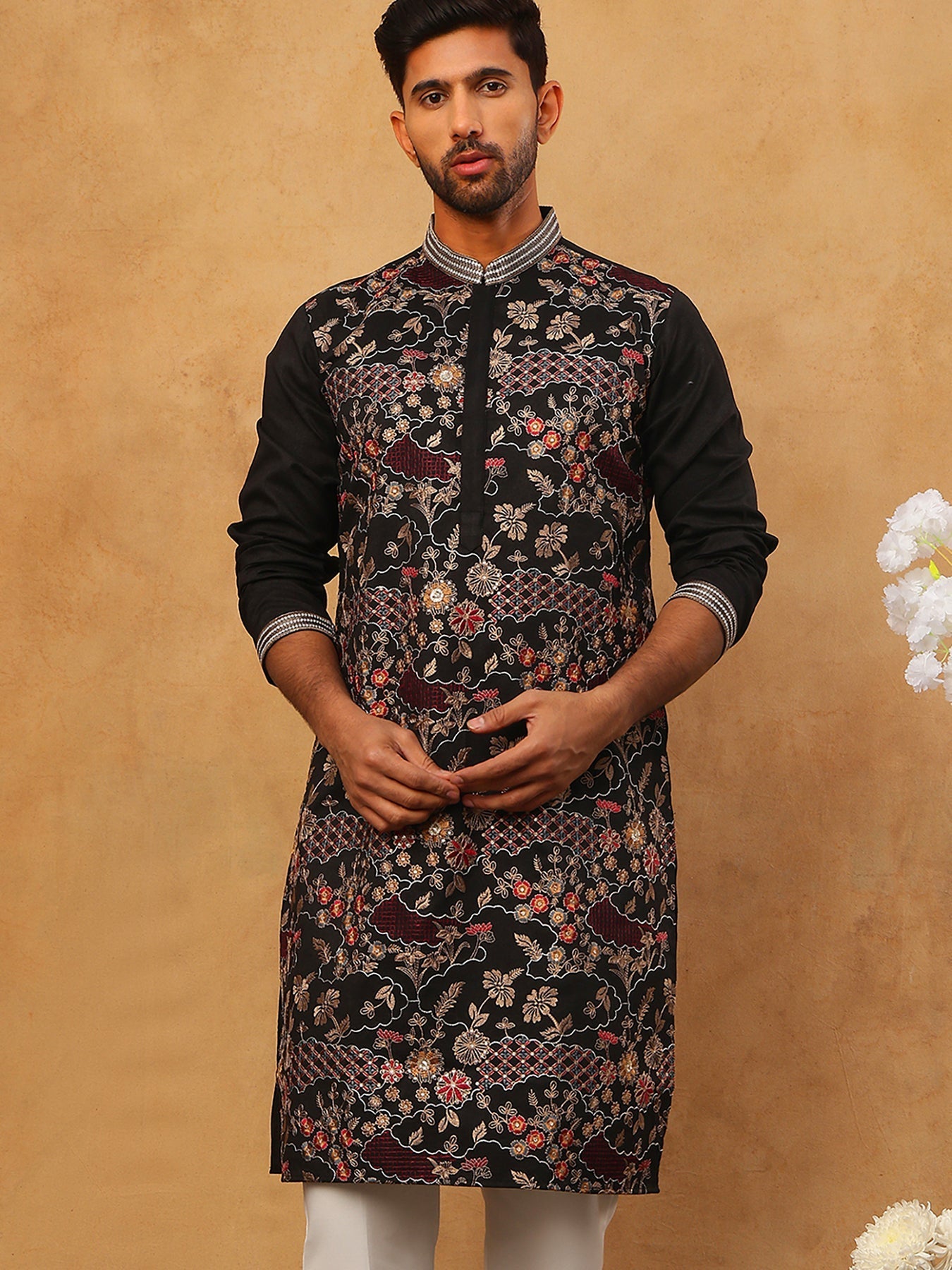 DesiQlo Men Floral Kurta Only - Black - 65KO_5418Black_S