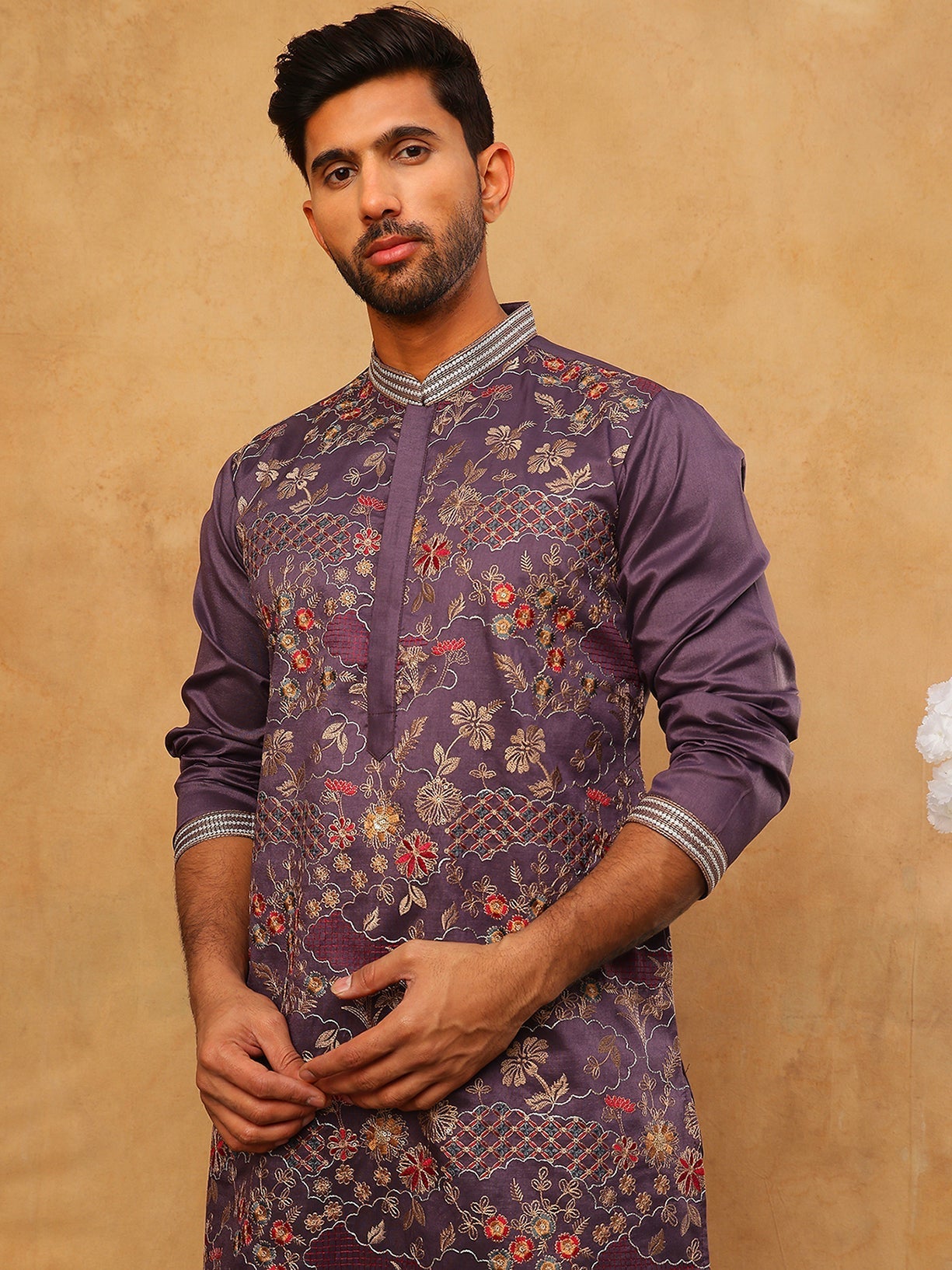 DesiQlo Men Floral Kurta Only - Purple - 65KO_5418Purple_S
