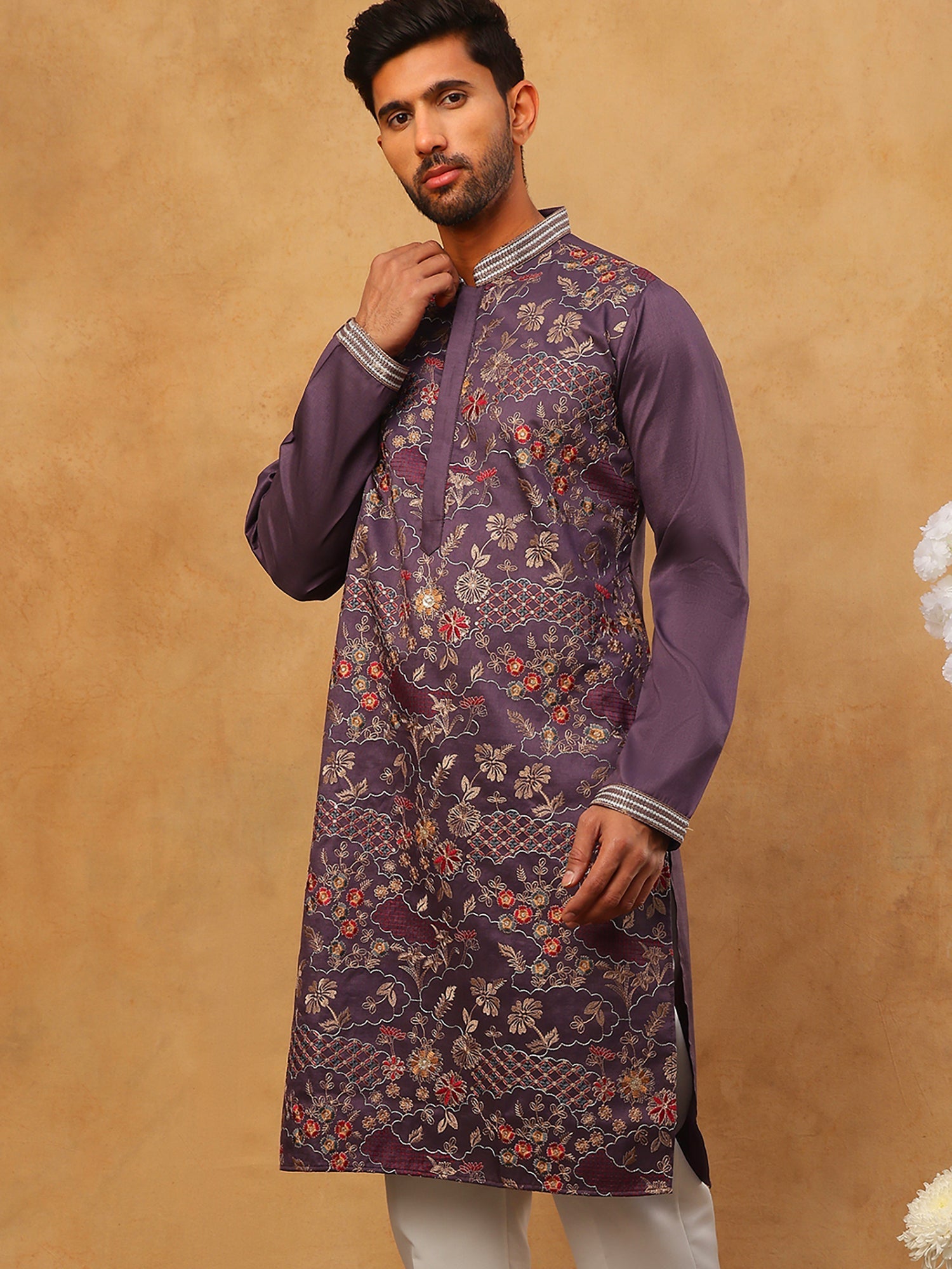 DesiQlo Men Floral Kurta Only - Purple - 65KO_5418Purple_S