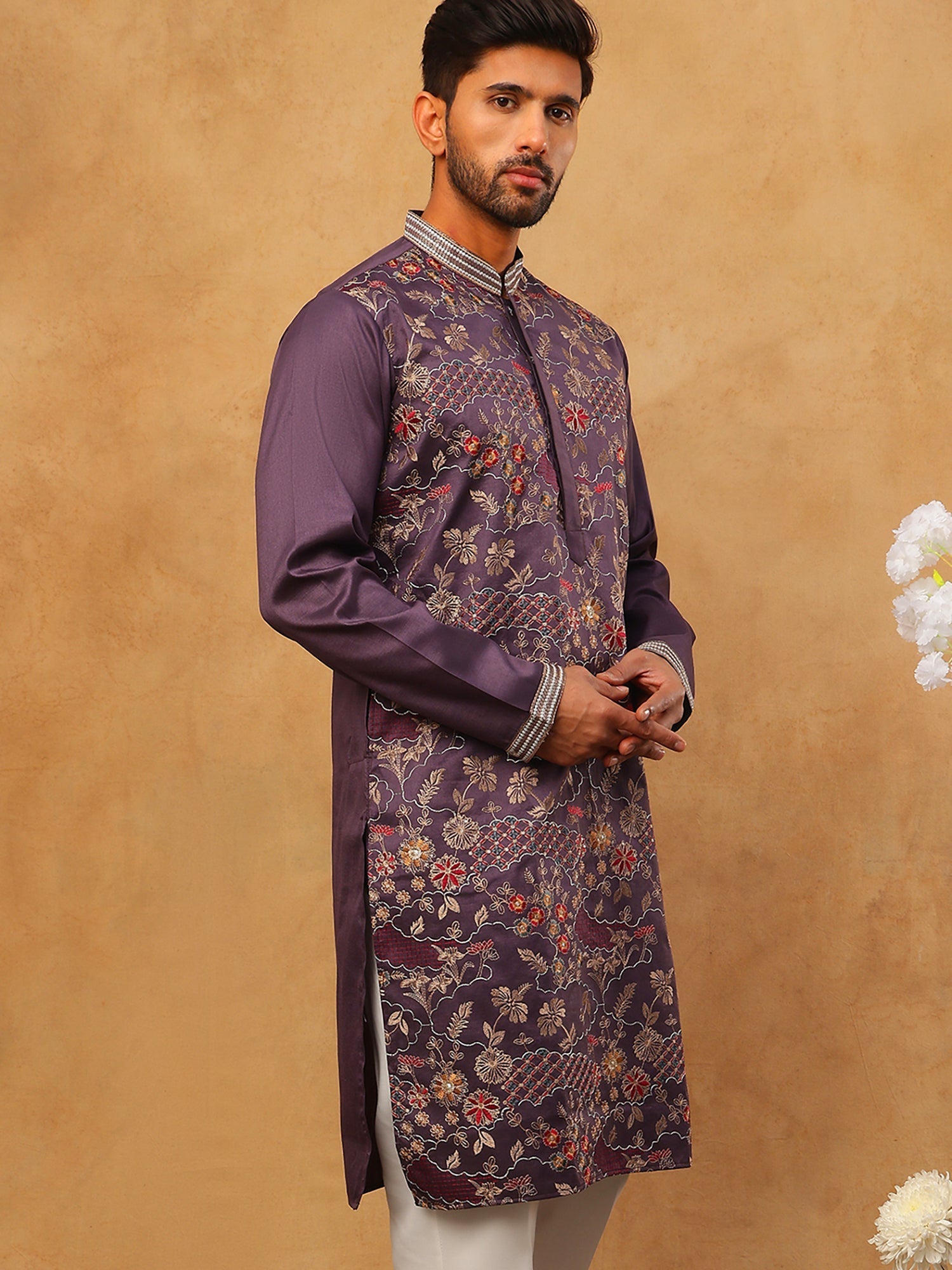DesiQlo Men Floral Kurta Only - Purple - 65KO_5418Purple_S