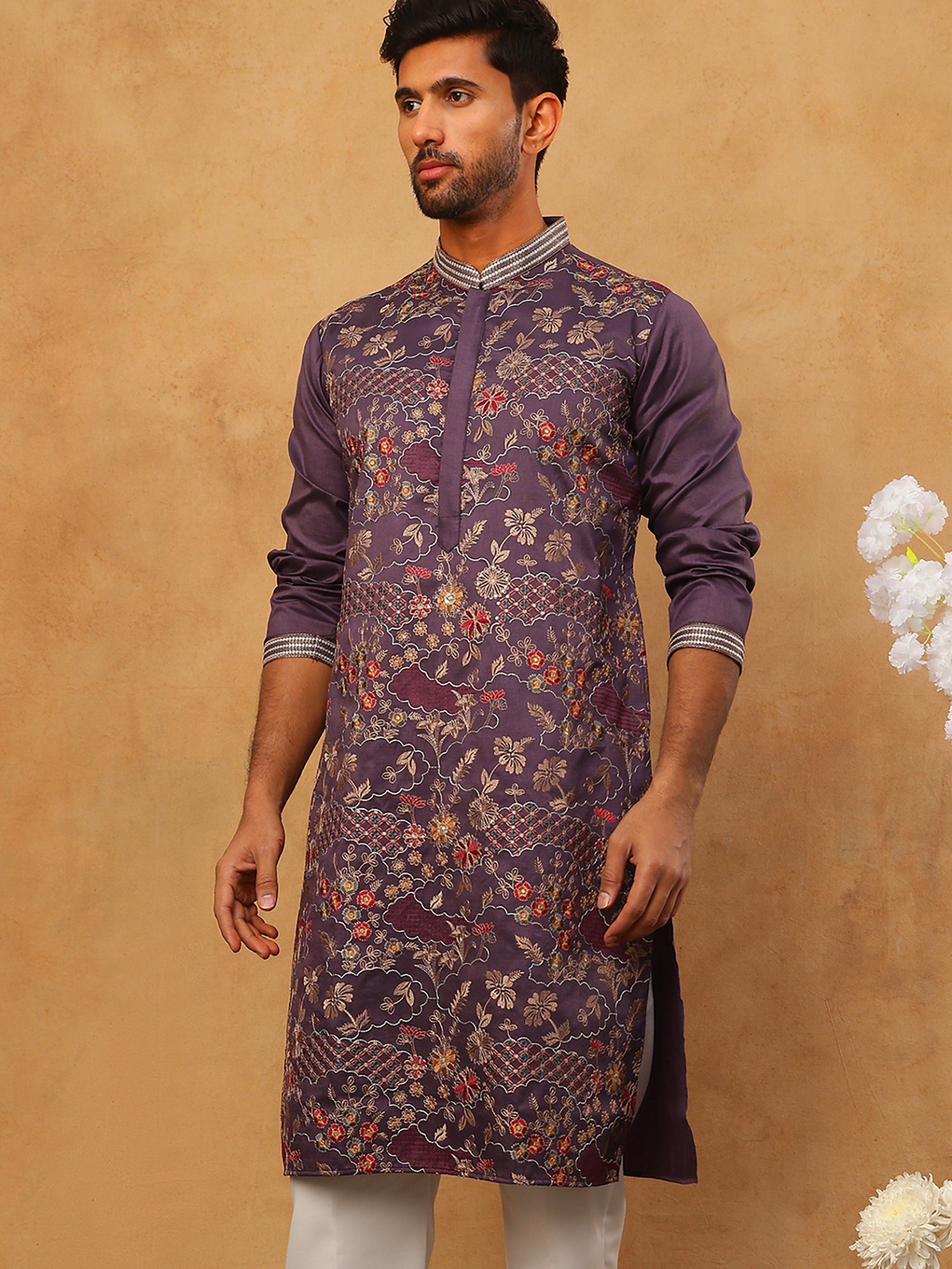DesiQlo Men Floral Kurta Only - Purple - 65KO_5418Purple_S
