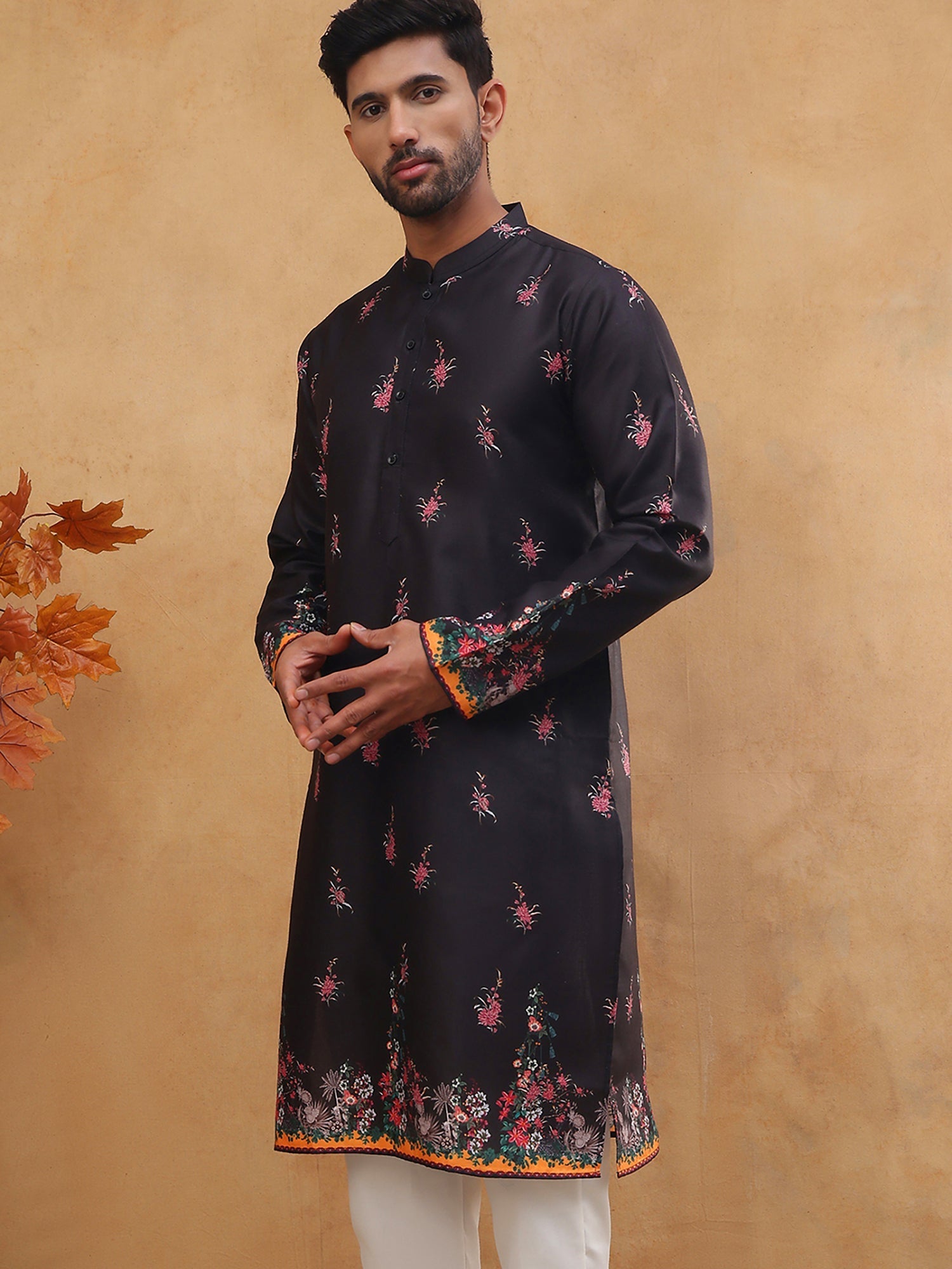 DesiQlo Men Floral Kurta Only - Black - 65KO_5419Black_S