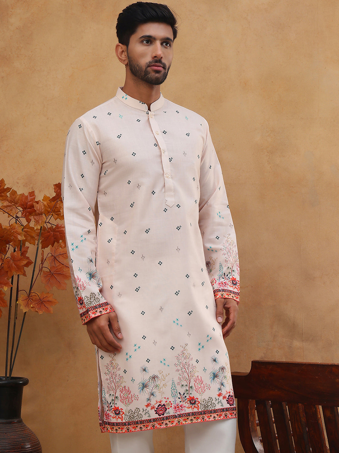 DesiQlo Men Floral Kurta Only - Orange - 65KO_5419Peach_S
