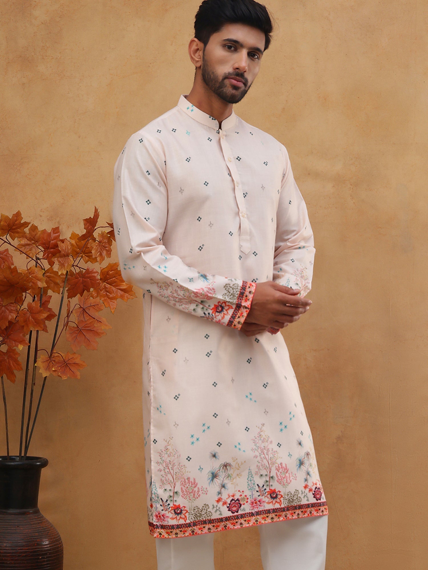 DesiQlo Men Floral Kurta Only - Orange - 65KO_5419Peach_S