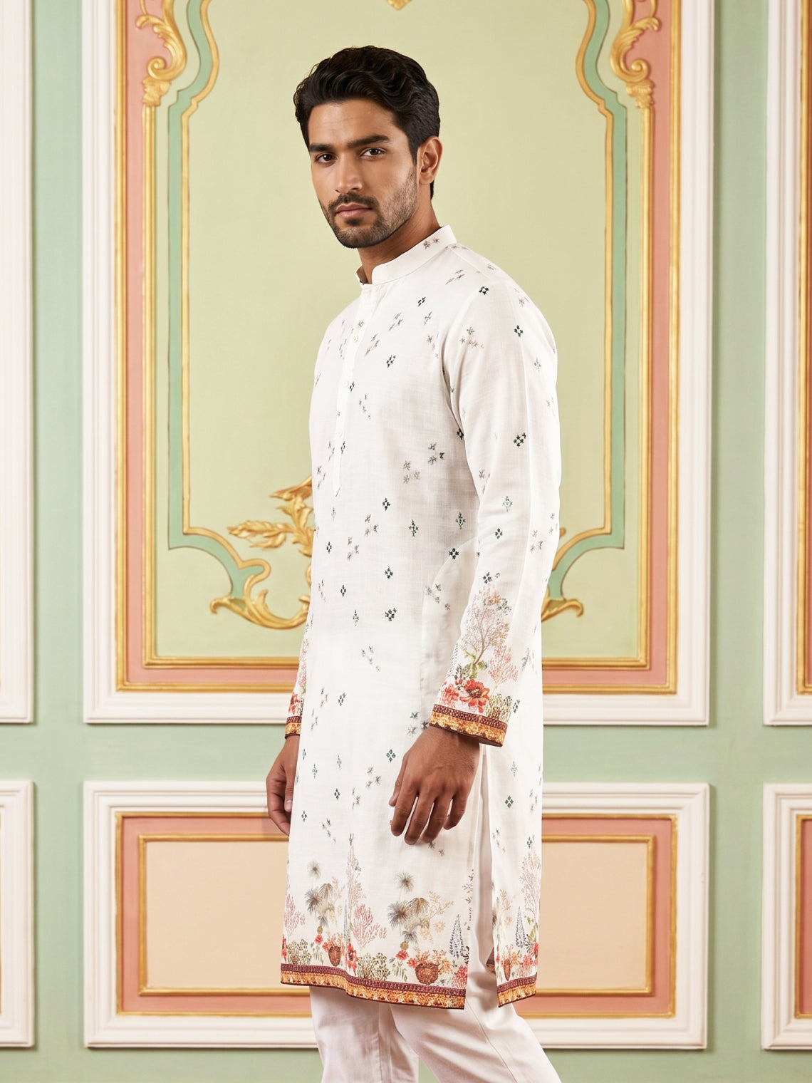 DesiQlo Men Printed Kurta Only - White - 65KO_5419White_S